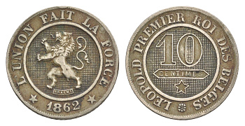 Бельгия 10 сантимов 1862 Belges, Леопольд II (1831-1865) KM 22 медно-никель 4169-447