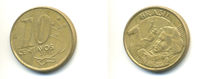 БРАЗИЛИЯ 10 СЕНТАВО 2001 KM 649.2 сталь плакированная латунью 176-725