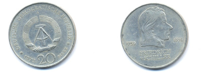 ГДР 20 марок 1972 А, Фридрих Шиллер (1759-1805) KM 40 медно-никель 3333-746