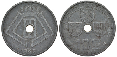 Бельгия 10 сантимов 1942 Леопольд III, Belgique-Belgie KM 126 цинк 4163-156