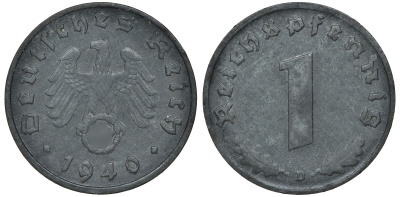 ГЕРМАНИЯ 1 РЕЙХСПФЕННИГ 1940 D J 369, KM 97 цинк 72-1651