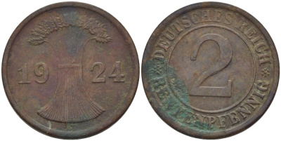 ГЕРМАНИЯ 2 РЕНТЕНПФЕННИГА 1924 J KM 31, J. 307 бронза 100-318