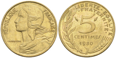 Франция 5 сантимов 1979 тип Марианна KM 933 никель алюминий медь    4594-1136