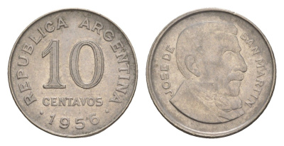 Аргентина 10 сентаво 1956 генерал Хосе де Сан Мартин KM 51 сталь плакированная никелем 4655-1018
