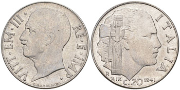 ИТАЛИЯ 20 ЧЕНТЕЗИМО 1941 R, ГОД XIX, ВИКТОР ЭММАНУИЛ III (1900-1946) KM 75b, VEM3. 1028 нержавеющая сталь 3853-754