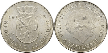 Нидерланды 10 гульденов 1973 25 лет правления королевы Юлианы KM 196 серебро UNC 413-3543