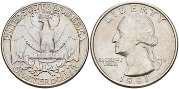 США 25 ЦЕНТОВ = КВОТЕР 1991 D, ВАШИНГТОН KM А164a медь плакированная медно-никелем 190-412