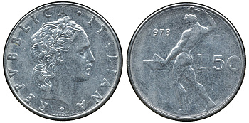 ИТАЛИЯ 50 ЛИР 1978 R, БОГ ОГНЯ ВУЛКАН У НАКОВАЛЬНИ KM 95.1 нержавеющая сталь 72-542