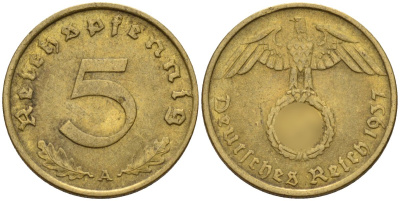 Германия 5 рейхспфеннигов 1937 A KM 91, J. 363 алюминиевая бронза 4151-738