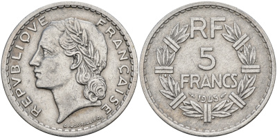 Франция 5 франков 1945 KM 888b.1, Le Franc 339.3 алюминий 4149-444