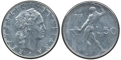 ИТАЛИЯ 50 ЛИР 1978 R, БОГ ОГНЯ ВУЛКАН У НАКОВАЛЬНИ KM 95.1 нержавеющая сталь 72-542