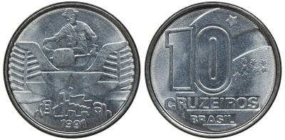 БРАЗИЛИЯ 10 КРУЗЕЙРО 1991 KM 618.2 сталь aUNC 72-1715
