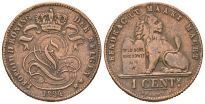 Бельгия 1 сантим 1894 Леопольд II (1865-1909) KM 34 медь 4615-321