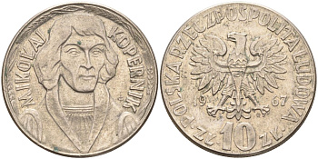 Польша 10 злотых 1967 Николай Коперник Y 51a медно-никель 215-643