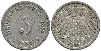 ГЕРМАНИЯ 5 ПФЕННИГОВ 1892 A KM 11, J. 12 медно-никель 39-643