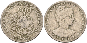 Бразилия 200 рейс 1901 голова свободы вправо KM 504 медно-никель 4589-1047