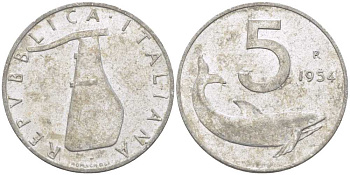 ИТАЛИЯ 5 ЛИР 1954 R, РУЛЬ, ДЕЛЬФИН KM 92 алюминий 175-117