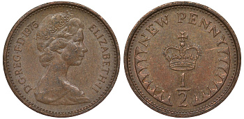 Великобритания 1/2 пенни 1975 Елизавета II (1952-2022) KM 914, Spink 4239 бронза 4124-562