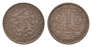 Нидерланды 1 цент 1927 Вильгельмина (1890-1948) KM 152 бронза 4674-1138