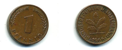 ФРГ 1 ПФЕННИГ 1966 J KM 105, J.380 сталь плакированная медью 46-118