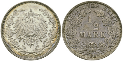 ГЕРМАНИЯ 1/2 МАРКИ 1918 E J. 16, KM 17 серебро UNC 65-257