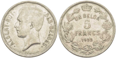 БЕЛЬГИЯ 5 ФРАНКОВ 1932 АЛЬБЕРТ I, DES BELGES KM 97.1 никель 3851-215