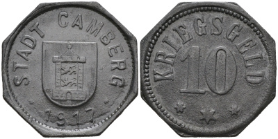 ГЕРМАНИЯ ГЕССЕН-НАССАУ КАМБЕРГ 10 ПФЕННИГОВ 1917 КРИГСГЕЛЬД цинк 75-1637