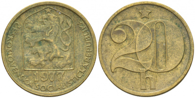 ЧЕХОСЛОВАКИЯ 20 ГЕЛЛЕРОВ 1977 KM 74 латунь 3309-662