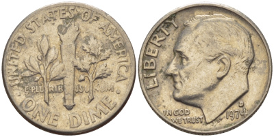 США 10 центов (дайм) 1974 D, Франклин Рузвельт KM 195а медь плакированная медно-никелем 66-1117