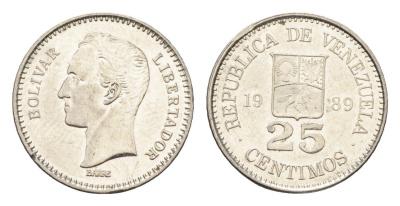 Венесуэла 25 сентимо 1989 Симон Боливар Y 50a сталь плакированная никелем aUNC 4664-655