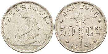 БЕЛЬГИЯ 50 САНТИМОВ 1933 BELGIQUE KM 87 никель 261-1646