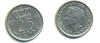 НИДЕРЛАНДЫ 25 ЦЕНТОВ 1948 ВИЛЬГЕЛЬМИНА KM 178 никель 83-1015