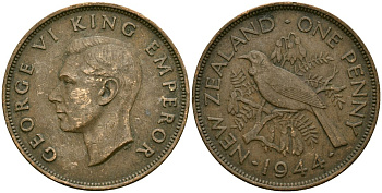 Новая Зеландия 1 пенни 1944 Георг VI (1936-1952), новозеландский туи KM 13 бронза 4165-1235