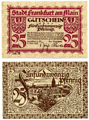 ФРАНКФУРТ НА МАЙНЕ 25 ПФЕННИГОВ 1919 1 НОЯБРЯ 1919, НОТГЕЛЬД, ЗЕМЛЯ ГЕССЕН, БУКВА Е Grabowski F16.7 бумага 2193-11-1-1