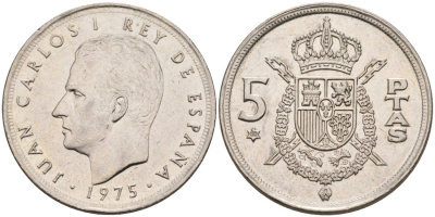 Испания 5 песет 1975 (80) Хуан Карлос I (1975-2014) KM 807 медно-никель 4571-1155