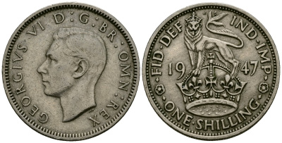 Великобритания 1 шиллинг 1947 Георг VI (1936-1952), Английский герб KM 863, Spink 4103 медно-никель 4546-857