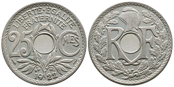 ФРАНЦИЯ 25 САНТИМОВ 1922 ТИП ЛИНДАЙЁ KM 867а, LE FRANC 171.6 медно-никель 26-327