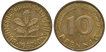 ФРГ 10 пфеннигов 1987 D KM 108, J. 383 сталь плакированная латунью 62-1234