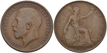 Великобритания 1 пенни 1920 Георг V (1910-1936) KM 810, Spink 4051 бронза 4572-1246