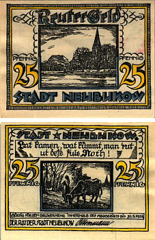 НОЙБУКОВ 25 ПФЕННИГОВ 1922 НОТГЕЛЬД, 1922 - 31 МАЯ 1922, ЗЕМЛЯ МЕКЛЕНБУРГ, ПЕРЕДНЯЯ ПОМЕРАНИЯ Grabowski 936.1 бумага 6318-42-2-2
