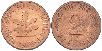 ФРГ 2 ПФЕННИГА 1976 D KM 106a, J.381a сталь плакированная сталь плакированная медьюю 3996-1114