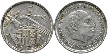 ИСПАНИЯ 5 ПЕСЕТ 1957 (74) ФРАНСИСКО ФРАНКО ДИКТАТОР ИСПАНИИ (1939-1975) KM 786 медно-никель 110-944