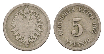 Германия 5 пфеннигов 1875 F, Вильгельм I (1871-1888) KM 3, J. 3, Weege 5 медно-никель 4639-1247