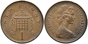 Великобритания 1 пенни 1971 Елизавета II (1952-2022) KM 915, Spink 4237 (B1) бронза 100-544