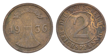 Германия 2 рейхспфеннига 1936 D KM 38, J. 314 бронза 4549-457