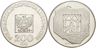 Польша 200 злотых 1974 MW, 30 лет Народной Республике KM 72, Parchimowicz 304а серебро 69-333
