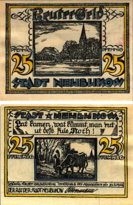 НОЙБУКОВ 25 ПФЕННИГОВ 1922 НОТГЕЛЬД, 1922 - 31 МАЯ 1922, ЗЕМЛЯ МЕКЛЕНБУРГ, ПЕРЕДНЯЯ ПОМЕРАНИЯ Grabowski 936.1 бумага 6318-42-2-2