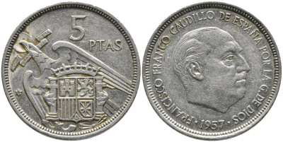 ИСПАНИЯ 5 ПЕСЕТ 1957 (74) ФРАНСИСКО ФРАНКО ДИКТАТОР ИСПАНИИ (1939-1975) KM 786 медно-никель 110-944