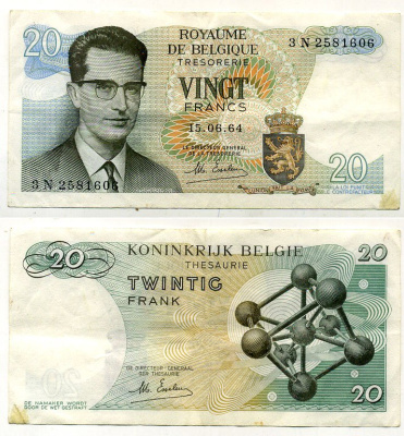 Бельгия 20 франков 1964 Бодуэн I, атомиум, Esselens Pick 138 (2) бумага 7457-41-3-2