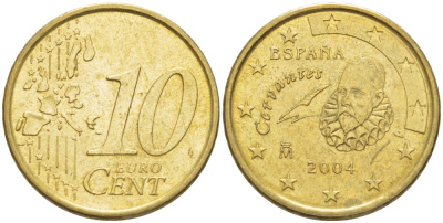 ИСПАНИЯ 10 ЕВРОЦЕНТОВ 2004 KM 1043 латунь 4543-327